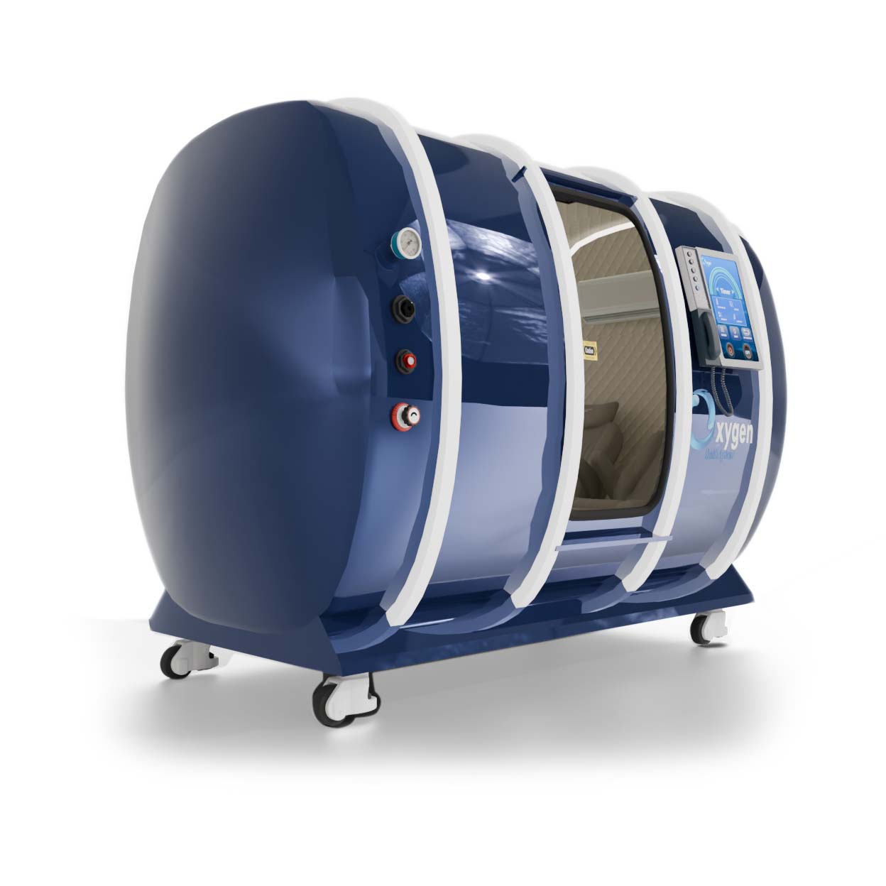 Ocean-blue exercise-ready multiplace hyperbaric chamber viewed from an angle with the door open, revealing the quilted interior and seating