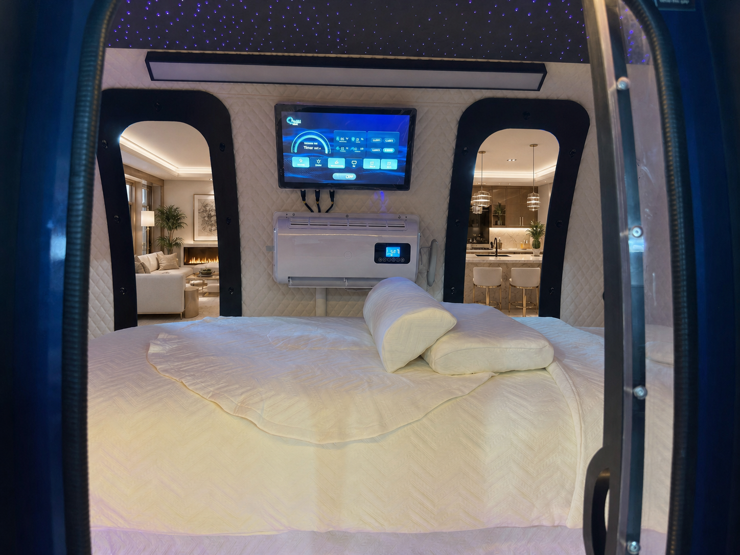 ExS64 sleep configuration viewed through the open door — king bed with pillows, central touchscreen, and wall air-conditioning unit, with two arched windows revealing a fireplace living room and a modern kitchen beneath the starlight ceiling