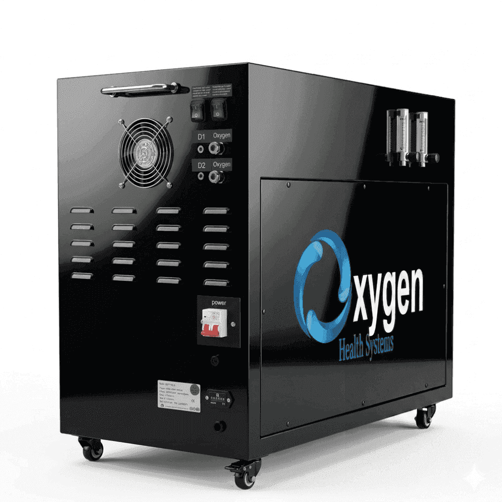 Second high-pressure high-flow 20 LPM oxygen generator — a glossy black cabinet on casters with dual green power switches, D1 and D2 oxygen outlet ports, a cooling fan, ventilation slots, a power breaker, and two flow meters on top