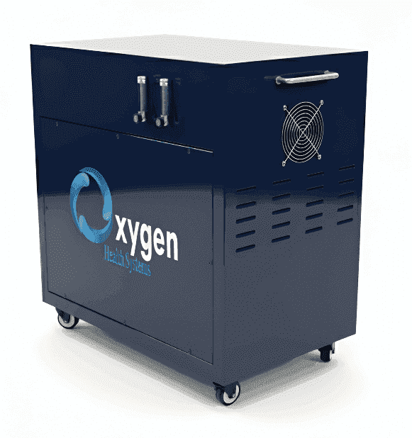Second high-pressure high-flow 20 LPM oxygen generator — a navy blue cabinet unit on casters with the Oxygen Health Systems logo, two oxygen generator cartridges on top, a cooling fan, and ventilation slots