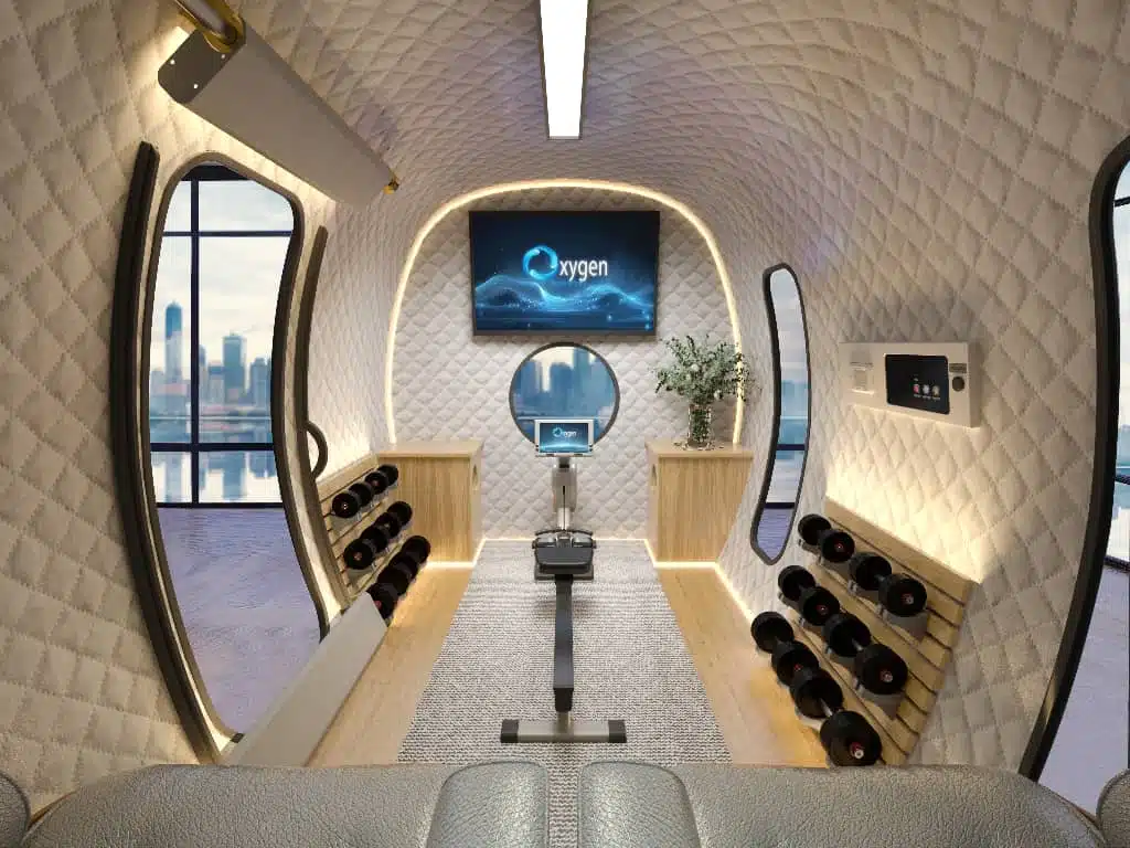 Rendered ExS64 gym configuration with a rowing machine, dumbbell racks on both walls, wall-mounted TV, plant, mirrors, and floor-to-ceiling city-view windows