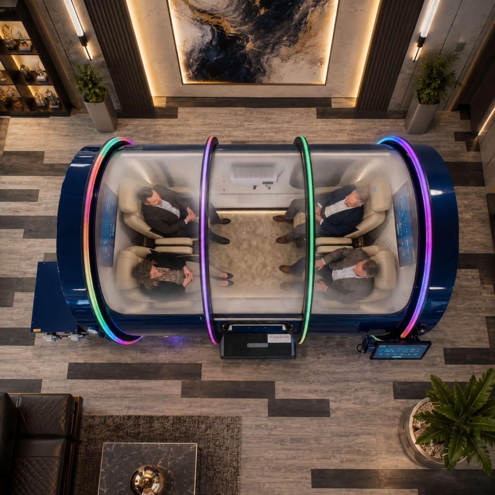 Overhead view of the ExS64 multiplace hyperbaric oxygen chamber with rainbow RGB accent lighting, showing four people seated inside facing each other in a luxury lounge setting